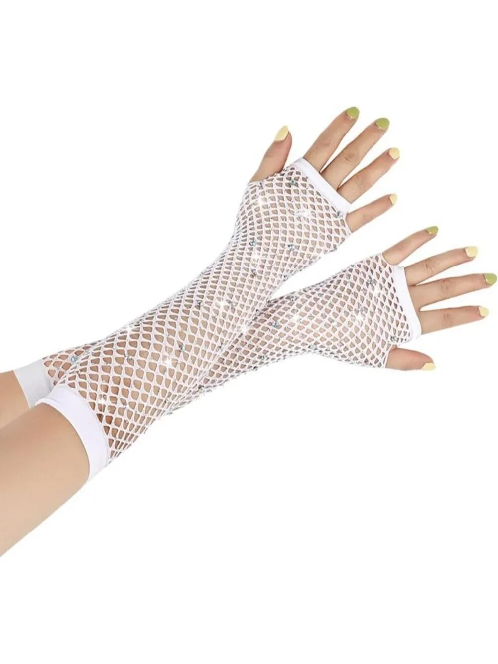 Women's White Long Fishnet Fingerless Gloves Nylon Rhinestone 80s Party Cosplay